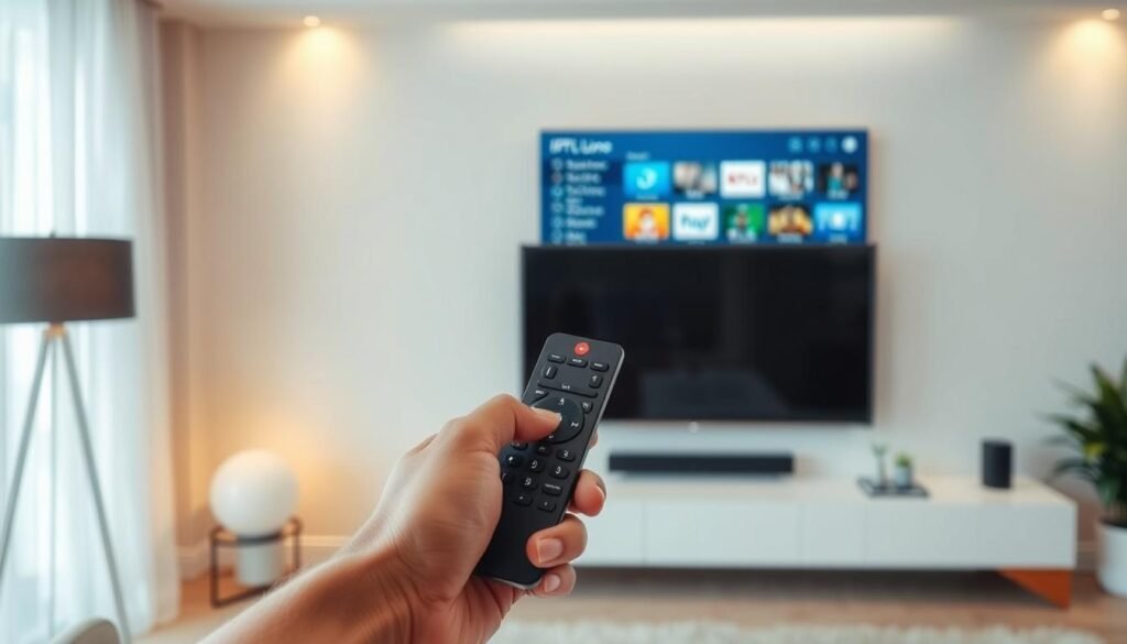 A modern, minimalist living room with a sleek, wall-mounted TV display. The TV screen shows a crisp, clean IPTV user interface with various channel options. In the foreground, a hand holding a modern, slim remote control with minimal buttons. The room is bathed in warm, diffused lighting, creating a cozy, inviting atmosphere. The overall scene conveys the convenience and simplicity of IPTV, as well as the integration of this technology into a contemporary home environment. A modern, minimalist living room with a sleek, wall-mounted TV display. The TV screen shows a crisp, clean IPTV user interface with various channel options. In the foreground, a hand holding a modern, slim remote control with minimal buttons. The room is bathed in warm, diffused lighting, creating a cozy, inviting atmosphere. The overall scene conveys the convenience and simplicity of IPTV, as well as the integration of this technology into a contemporary home environment.