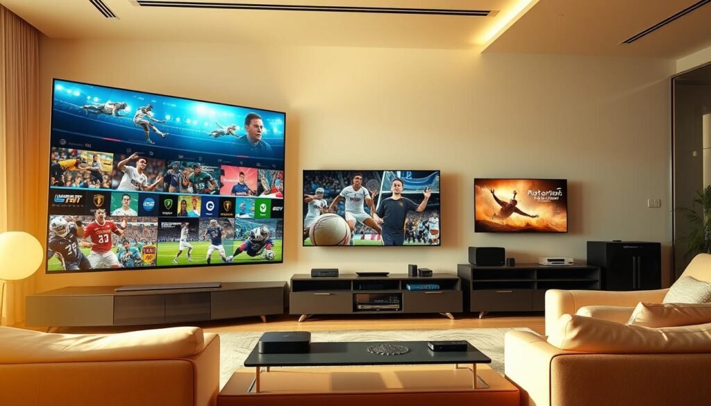 A vibrant and immersive scene depicting IPTV sports channels. In the foreground, a large high-definition display showcases a diverse array of live sporting events, from football and basketball to tennis and motorsports. The middle ground features various connected devices, such as smart TVs, streaming boxes, and mobile devices, all seamlessly integrated to deliver the ultimate IPTV experience. The background showcases a modern, minimalist living room setting, with sleek and contemporary furnishings that complement the technology-driven atmosphere. The scene is bathed in warm, natural lighting, creating a cozy and inviting ambiance for sports enthusiasts to enjoy their favorite events in the comfort of their own homes. A vibrant and immersive scene depicting IPTV sports channels. In the foreground, a large high-definition display showcases a diverse array of live sporting events, from football and basketball to tennis and motorsports. The middle ground features various connected devices, such as smart TVs, streaming boxes, and mobile devices, all seamlessly integrated to deliver the ultimate IPTV experience. The background showcases a modern, minimalist living room setting, with sleek and contemporary furnishings that complement the technology-driven atmosphere. The scene is bathed in warm, natural lighting, creating a cozy and inviting ambiance for sports enthusiasts to enjoy their favorite events in the comfort of their own homes.